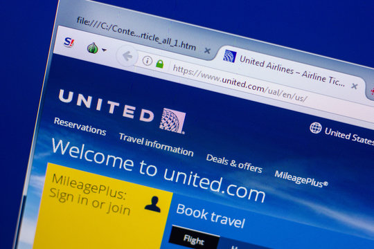 Ryazan, Russia - May 13, 2018: United website on the display of PC, url - United.com.