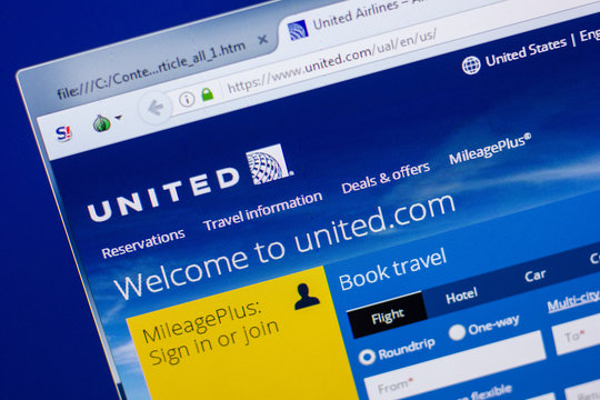 Ryazan, Russia - May 13, 2018: United website on the display of PC, url - United.com.