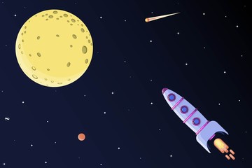 Rocket flying to the Moon. Flat vector design space illustration.