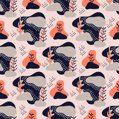 Seamless pattern with abstract shapes, elements and branches of plants. Hand-painted texture, brush strokes, spots . Color drawing cartoon textured Doodle geometric background in vector