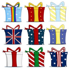 Set of nine present boxes in different styles. Cartoon style vector illustration.