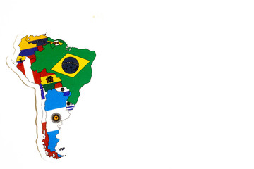 National flag of South America. Continent outline on white background with copy space. Politics illustration