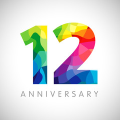 12 th anniversary numbers. 12 years old logotype. Bright congrats. Isolated abstract graphic web design template. Creative 1, 2 3D digits. Up to 12%, -12% percent off discount. Congratulation concept. - obrazy, fototapety, plakaty