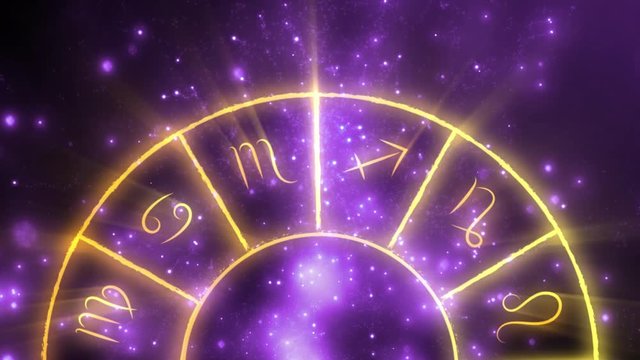 Horoscope Zodiac wheel. Astrological calendar animation with horoscope symbols and mystical star animation
