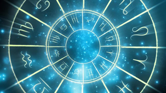 Zodiac wheel. Astrological calendar animation with horoscope symbols and mystical star animation