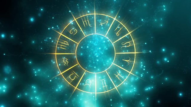 Zodiac wheel. Astrological calendar animation with horoscope symbols and mystical star animation