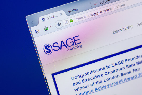 Ryazan, Russia - May 13, 2018: SagePub website on the display of PC, url - SagePub.com.