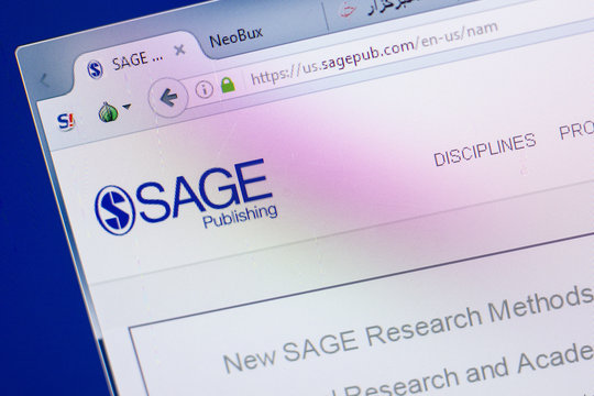 Ryazan, Russia - May 13, 2018: SagePub website on the display of PC, url - SagePub.com.