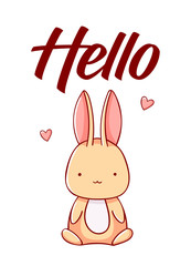 Cute bunny with heart cartoon kawaii print hello flat hand drawn isolated on white background