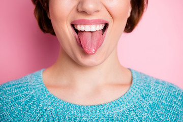 Cropped close-up view portrait of her she nice attractive crazy cheerful cheery woman showing...