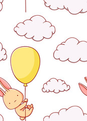 Seamless pattern cute bunny in the balloon with cloud cartoon kawaii flat hand drawn on white background