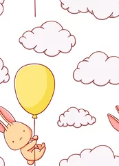 Wall murals Animals with balloon Seamless pattern cute bunny in the balloon with cloud cartoon kawaii flat hand drawn on white background