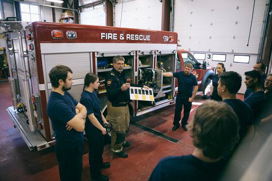 Firefighters meeting in fire station