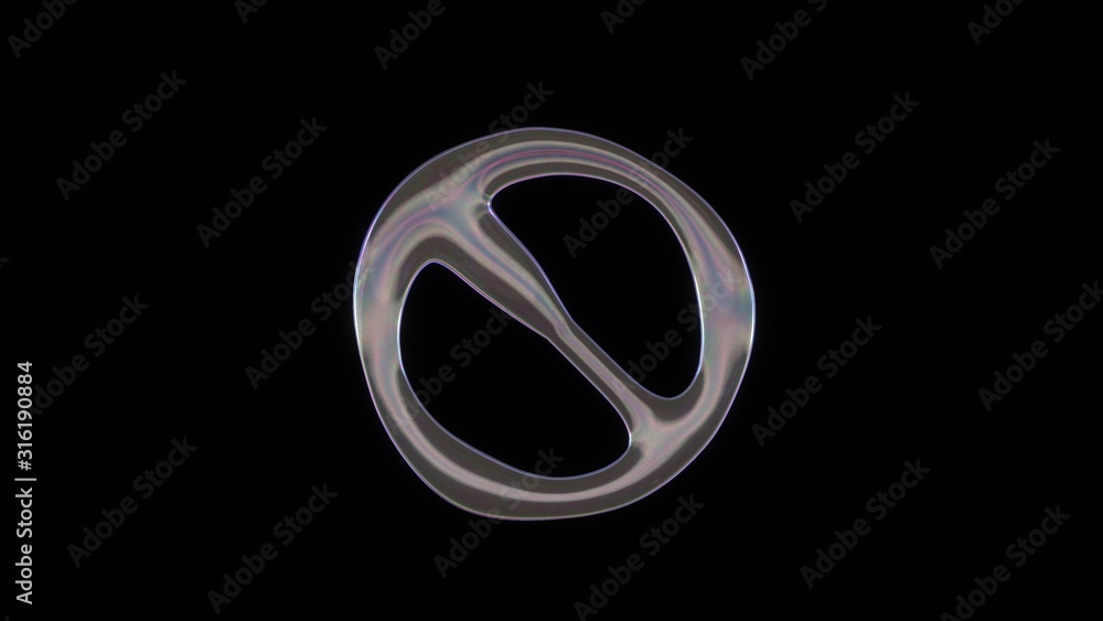Poster 3d rendering of distorted transparent soap bubble in shape of symbol of ban isolated on black backgr