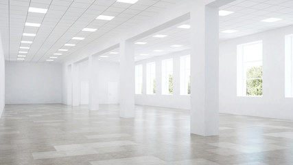 Interior of an empty commercial building with white walls. Office space. 3D rendering.
