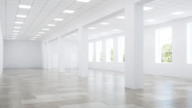 Interior of an empty commercial building with white walls. Office space. 3D rendering.