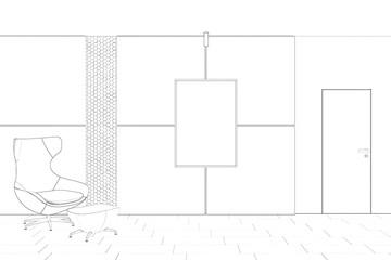 Sketch of a modern interior with an armchair, blank mock up poster on the wall, tiled floor and door. Front view. 3d render