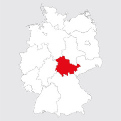Obraz premium Thuringia province highlighted germany map. Gray background. German political map.