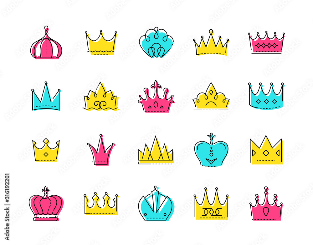 Poster crowns collection - set of colorful vector icons