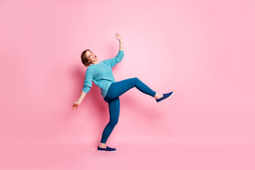 Fototapeta na wymiar Full length body size view of her she nice attractive lovely funky cheerful cheery clumsy brown-haired woman having fun fooling isolated over pink pastel color background