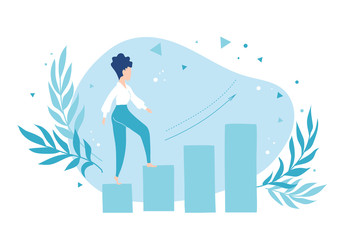Business woman climbing the career ladder. She purposefully goes to her goal.