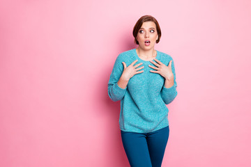 Portrait of her she nice attractive lovely worried scared brown-haired woman looking aside thinking about danger isolated over pink pastel color background