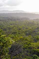 Aerial view of an Amazon rainforest region in Brazil viewed from a mountain range.