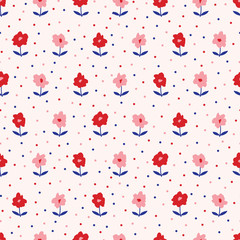 Pink and Red Ditsy Hand-Drawn Daisies Blooms with Purple Stems and Dots Background Vector Seamless Pattern