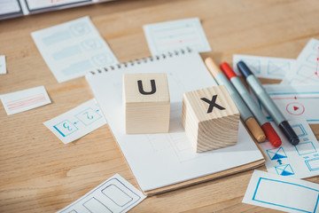 Selective focus of wooden cubes with ux letters and website template applications on wooden table