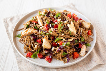 Homemade Spicy Chicken Soba Noodle Salad on a gray plate on a white wooden background, side view. Close-up.