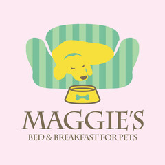 A sleeping dog on a bed with a bowl ahead, to symbolize a bed & breakfast for pets.