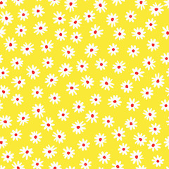 Fototapeta na wymiar White abstract naive hand-drawn daisy flowers on yellow background vector seamless pattern