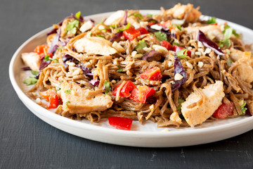 Homemade Spicy Chicken Soba Noodle Salad on a gray plate on a black surface, side view. Closeup.
