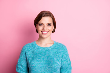 Fototapeta premium Close-up portrait of her she nice-looking attractive lovely cheerful cheery kind content brown-haired girl wearing blue jumper isolated over pink pastel color background