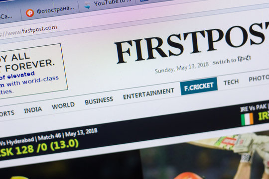 Ryazan, Russia - May 13, 2018: Firstpost website on the display of PC, url - Firstpost.com.