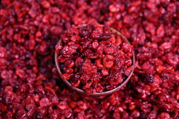 Fresh cranberries in a glass bowl on a market in Osaka-Japan.