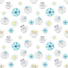 Pattern with watercolor animals and flowers.