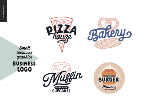 Logo - small business graphics - cafe and restaurants. Modern flat vector concept illustrations - logotypes of pizza house, bakery, muffins and homemade cupcakes, burger house