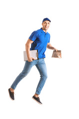 Running delivery man on white background