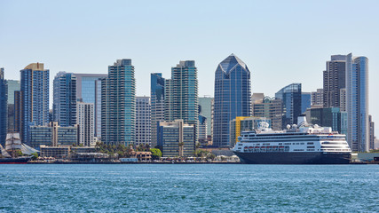 Fototapeta na wymiar San Diego city close up with parked cruise liner