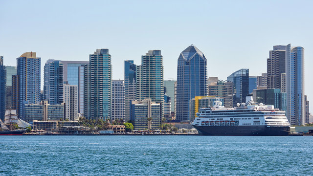 San Diego city close up with parked cruise liner