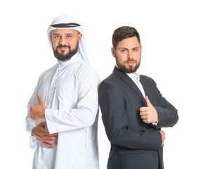 Arab man and his business partner showing thumb-up on white background
