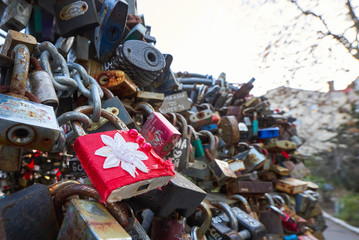Shot of multiple padlocks locked on the love monument in Odessa