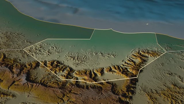 Al Batinah South, region with its capital, zoomed and extruded on the relief map of Oman in the conformal Stereographic projection. Animation 3D