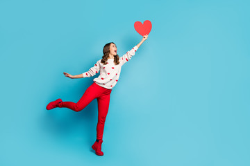 Full length body size view of nice attractive cheerful cheery dreamy funny playful girl jumping...