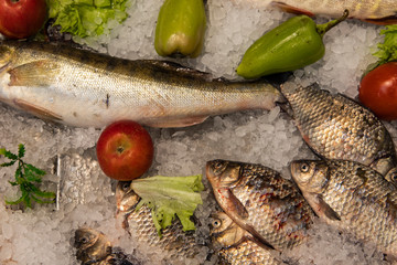 frozen sigh product mall background decorated by plastic synthetic vegetables