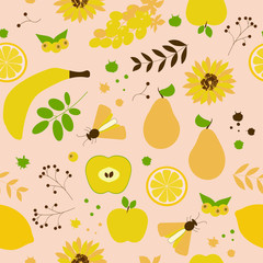 Seamless pattern: fruits, berries and flowers of yellow, green and brown color on a beige background. flat vector. illustration