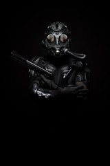 Futuristic warrior with a revolver in his hands