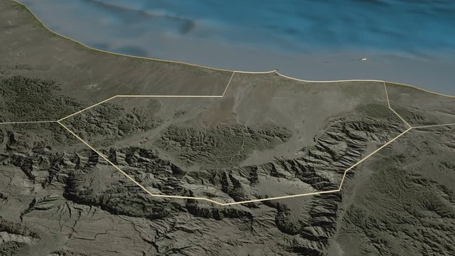 Al Batinah South, region with its capital, zoomed and extruded on the satellite map of Oman in the conformal Stereographic projection. Animation 3D