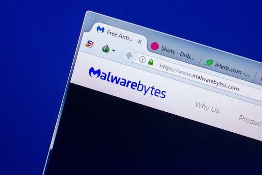 Ryazan, Russia - May 20, 2018: Homepage of Malwarebytes website on the display of PC, url - Malwarebytes.com.